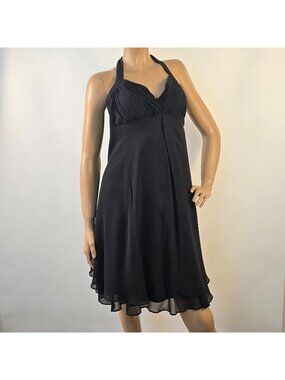 White House Black Market Halter Cocktail Dress Black Silk Sz 12 Back Zip FLAW